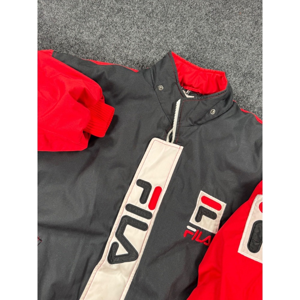 VTG 90s FILA Jacket Large Black Red Spellout Colorblock Full Zip Windbreaker